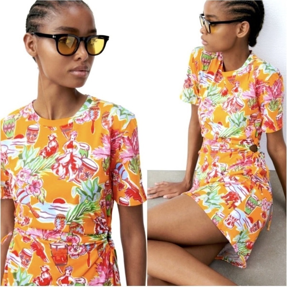 Zara Women’s Tropical Monkey Bongo Print T-Shirt Dress With Tie Cut Outs Sz L